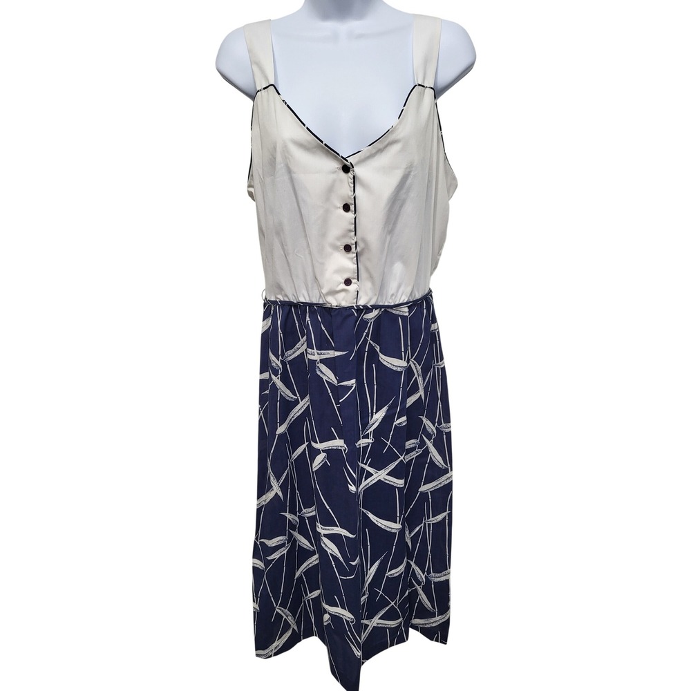 Vintage Top Made Navy White Bamboo Print Button Front Midi Dress USA Womens 18